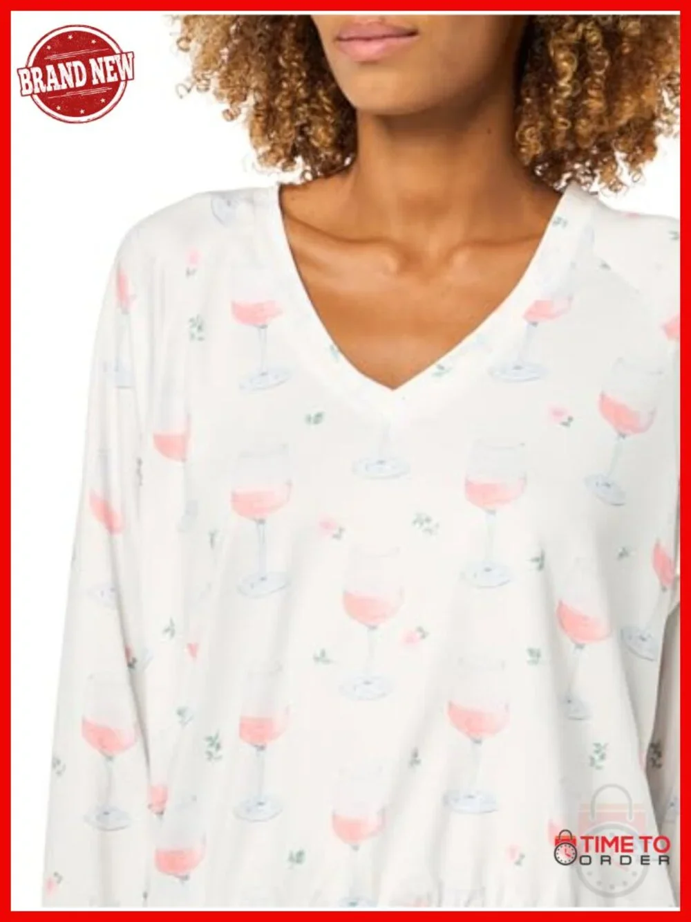 Cloud Jersey Open-bottom Pajama 2-piece Set with Wine Glass Print